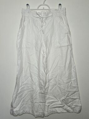 LOFT Women's White Linen Blend Paperbag Waist Wide Leg Ankle Pants Sz Small